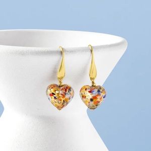 Italian Multicolored Murano Glass Heart Drop Earrings in 18kt Gold Over Sterling